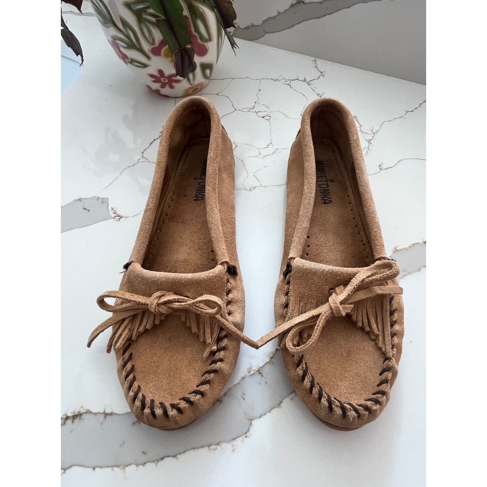 Minnetonka Kilty Suede Moccasins Tan Brown Fringe Flats 407T Womens 8.5